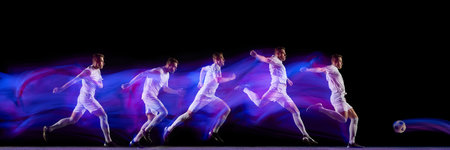 Sequence of soccer player running and kicking ball with colorful light motion. Concept of training analysis, movement education, and sport advertising visuals for dynamic athletic performance. Bannerの写真素材