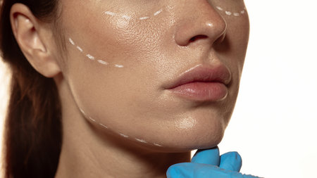 Closeup of lower face during aesthetic consultation with white facial markings. Concept of dermatology, beauty psychology, and self-confidence through modern medical aesthetics.の写真素材