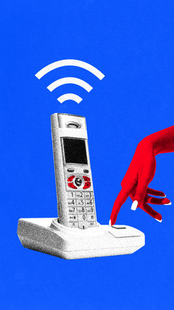Creative collage. Retro cordless phone with red hand pressing button in photocopy style. Concept of communication graphics, tech service visuals, editorial materials, social media campaigns.の写真素材