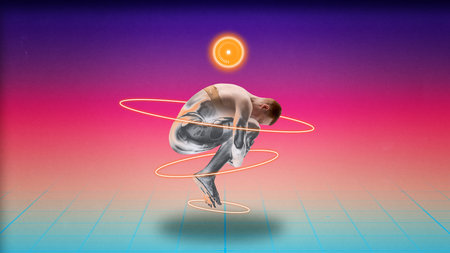 Surreal collage art. Floating cyber-enhanced man wrapped in glowing rings over neon horizon. Concept of body augmentation, biomechanics, hybrid evolution, transformation and sci-fi editorial aestheticの写真素材