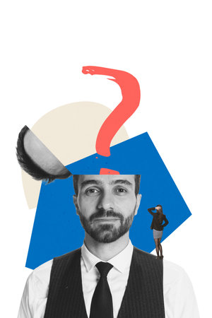 Surreal collage of a man with a bold question mark above his head and a tiny figure observing. Concept of doubt, decision-making, inner conflict, strategic thinking, and mental tension.の写真素材
