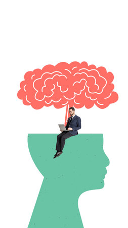 Creative artwork of a man working on a laptop inside an open head with a stylized brain above....