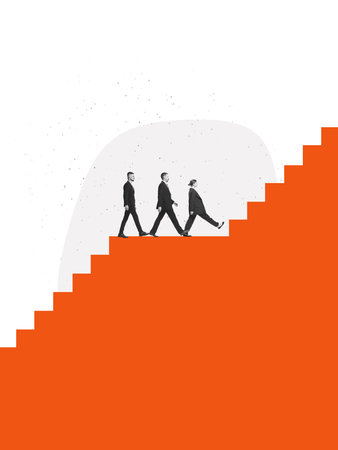 Stylish composition showing three professionals moving across a dramatic orange staircase. Concept of ambition, teamwork, steady progress, shared goals, and upward business momentum.の写真素材