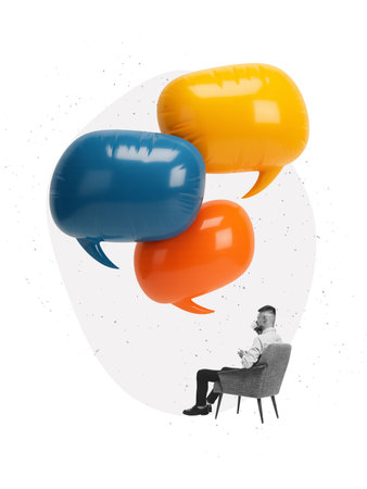 Playful artwork showing a businessman observing oversized shiny speech bubbles. Concept of communication overload, digital noise, decision pressure, attention focus, and modern dialogue.の写真素材