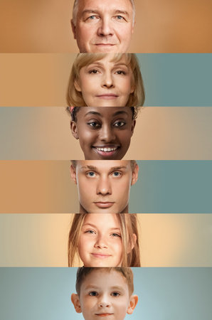 Soft pastel portrait strips showing different generations. Concept of family visuals, wellness...