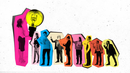 Vibrant collage of 8 diverse business people reacting to bright idea moment. Concept of teamwork...