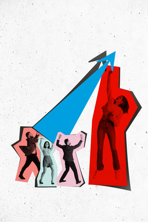 Energetic collage of business group pushing giant arrow upward with excitement. Concept of progress visuals, growth strategy, teamwork posters, leadership materials.の写真素材