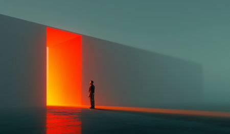 Abstract neon illustration of glowing orange doorway landscape with lone person. Concept of futuristic digital environment, AI creativity, tech-driven background, and immersive visual experienceの写真素材