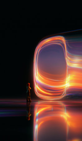 Woman observing large glowing neon energy shape in dark space composition. Concept of AI creativity visuals, advanced motion graphics, futuristic interpretation design, and high-impact backgrounds.の写真素材