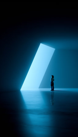 Abstract collage. Person standing under bright blue angular light opening in minimal room. Concept...