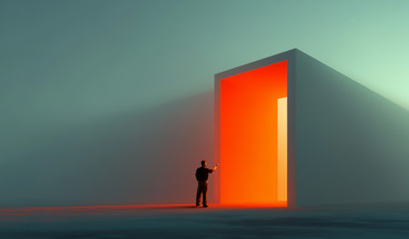 Person pointing at bright glowing orange doorway in open minimal futuristic landscape collage. Concept of modern architecture, AI creativity, future digital design, and immersive visual experience.の写真素材