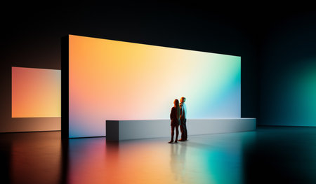 Collage of futuristic gallery interior with glowing gradient walls and two women observing digital display. Concept of digital setups, tech backgrounds, AI installation visuals, and modern spaces.の写真素材