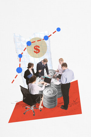 Expressive artwork. Business group gathered around coin stacks discussing a rising financial curve. Concept of economic analysis, teamwork, productivity and corporate motivation with emotion.の写真素材