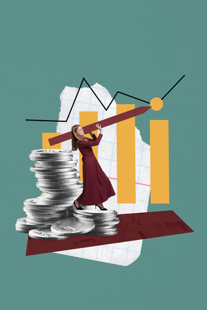 Dynamic composition. Businesswoman lifting long red bar against tall column chart and coin stacks. Concept of financial effort, growth struggle, performance adjustment and emotionally driven progress.の写真素材
