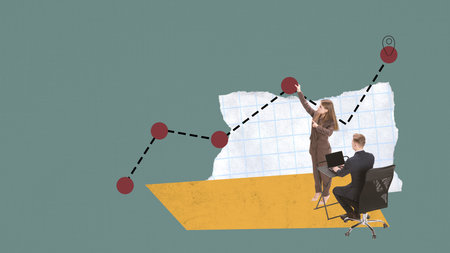 Engaging composition. Businesswoman marking points on a rising dotted line while colleague analyzes...