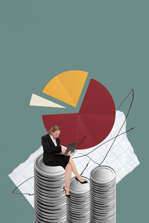 Colorful poster. Businesswoman working on laptop atop tall coin columns with bold pie chart behind her. Concept of financial analysis, data presentation, business structure and emotional engagement.の写真素材