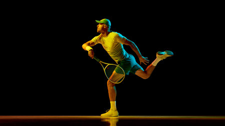 Tennis player stretching to hit low ball under neon light with focus. Concept of modern sport design, fitness advertising, dynamic body in motion, and athletic aesthetics.の写真素材