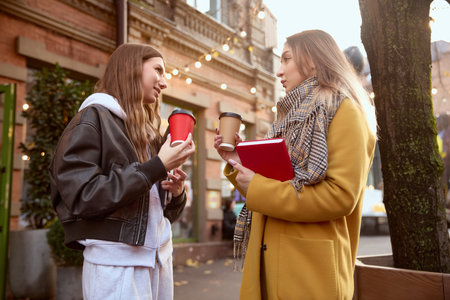 Two young women chatting outdoors with coffee cups and notebook in autumn street scene. Concept of friendship, lifestyle communication, beverage culture, learning moments and relaxed urban interactionの写真素材