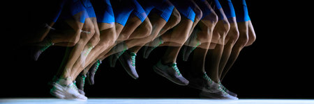 Multi-exposure sequence of athlete legs in sprint cycle. Concept of biomechanical analysis, running...