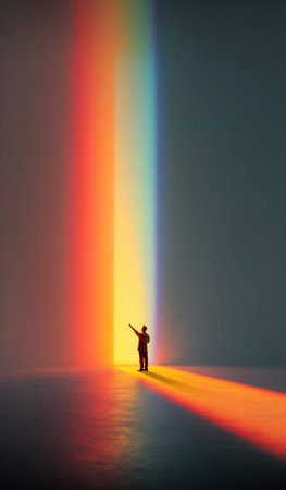 Vivid composition. Man reaching toward tall rainbow beam in open minimal hall. Concept of digital creativity, product innovation, learning platforms, self-growth narratives.の写真素材
