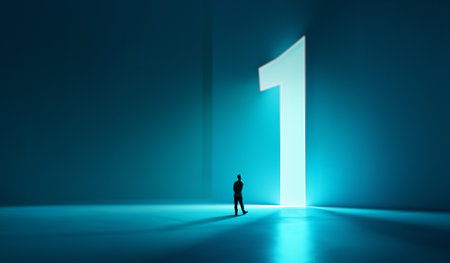 Minimal poster. Man facing giant glowing number one in open blue hall. Concept of leadership positioning, branding identity, startup storytelling, educational motivation, business growth themes.の写真素材