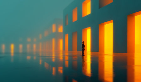 Atmospheric artwork. Man observing glowing architectural doors in foggy minimal row. Concept of innovation design, digital platforms, finance strategy metaphors, editorial storytelling themes.の写真素材