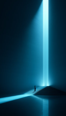 Atmospheric collage. Woman before towering blue light beam in quiet minimal hall. Concept of digital transformation, AI creativity, leadership growth, immersive design, future architecture visuals.の写真素材