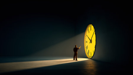 Trendy poster. Man observing giant yellow clock in dark minimal hall. Concept of time management, productivity coaching, finance planning, corporate strategy, creativity and digital workflows.の写真素材