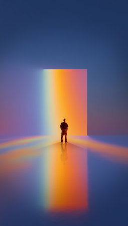 Vivid artwork. Man facing glowing rainbow panel in wide minimal hall. Concept of futuristic digital environment, tech backgrounds, modern spaces, and immersive visual experienceの写真素材