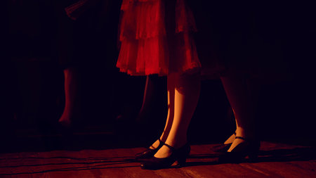 Layered skirts and dancers shoes arranged on wooden backstage floor. Concept of garment structuring,...