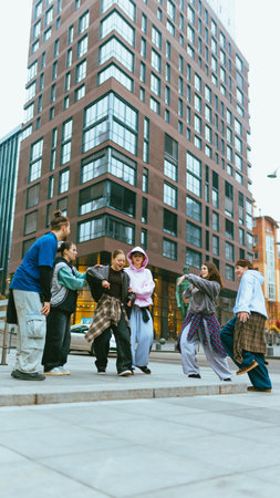 Hip hop dance crew showing confidence and collective energy outdoors. Concept of youth lifestyle promotion, social campaigns, fashion, authentic expression.の写真素材