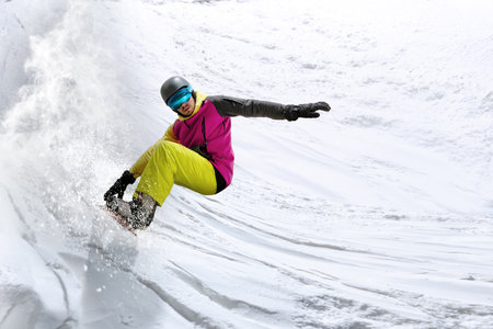 Powerful motion design of snowboarder carving fast turn on steep slope. Concept of riding technique,...