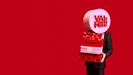 Bold artwork with man holding large gift boxes on red background. Concept of valentine retail promo,...