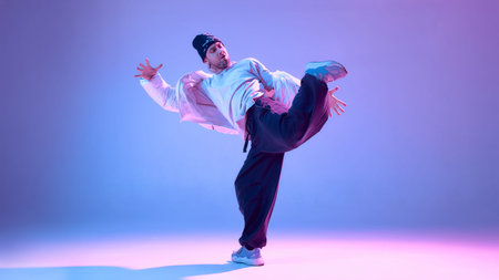 Male hip hop dancer performing expressive freestyle move. Concept of creative freedom, dynamic...
