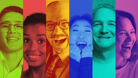 Colorful collage of diverse people faces representing inclusiveness. Concept of diversity, inclusive workplace, equality, modern corporate culture, global communication, and human resources messaging.の写真素材
