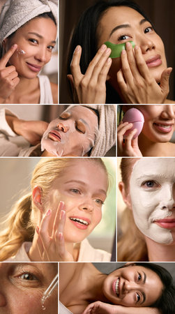 Women skincare routine with facial treatments and beauty tools. Concept of daily beauty care, cosmetic product ads, selfcare rituals, skincare marketing, and wellness content. Collage with 4 modelsの写真素材