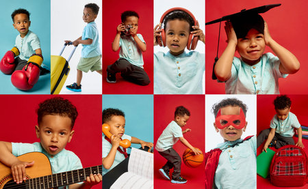 Multi career childhood dreams collage of boy exploring professions hobbies and education. Concept of early development, future planning, talent growth, school ads and parenting support visuals.の写真素材