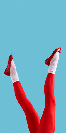 Female legs in red tights and red pumps on blue background. Concept of bold fashion statement, seasonal sale campaign and vibrant color blocking trend.の写真素材