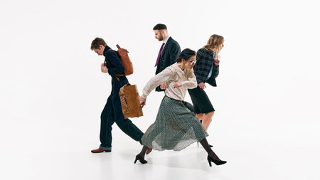 Four professionals walking in synchronized formation across white studio background. Concept of office rhythm, corporate teamwork and contemporary business fashion campaign with dynamic energy.の写真素材