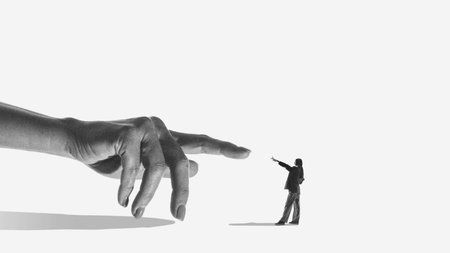 Symbolic design giant hand guiding miniature person direction. Concept of online leadership influence, platform guidance, strategic positioning and technology driven decision making.の写真素材