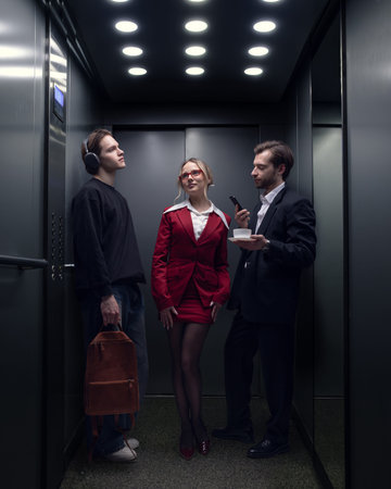 Three professionals standing together inside modern office elevator in business building. Concept of...