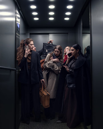 Group of businesswomen using smartphones while standing inside crowded office elevator. Concept of corporate communication, multitasking professionals and modern workplace routine.の写真素材