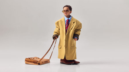 Little boy wearing oversized coat and sunglasses dragging large leather briefcase across studio floor. Concept of childhood career dreams, business ambition, leadership imagination, playful role play.の写真素材