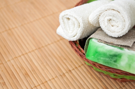 Spa setting with soap and towel.の写真素材