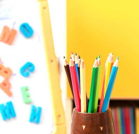 Creative Art Background made of colored pencils and letters for childrenの写真素材