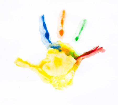 Colorful handprints  Imprint child hands painted in different colorsの写真素材