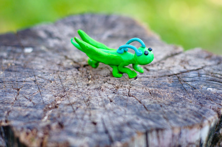 Grasshopper made of modeling clay on natural backgroundの写真素材