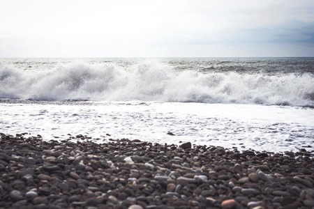 Sea wave surf. Sea waves with a lot of sea foam. Beautiful blue waves with a lot of seaの写真素材