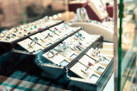 Pokrov, Vladimir region, Russia, February 17, 2019. Pokrovsky Jewelry. Gold jewelry store chain store window display showcaseのeditorial素材