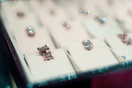 Pokrov, Vladimir region, Russia, February 17, 2019. Pokrovsky Jewelry. Gold jewelry store chain store window display showcaseのeditorial素材